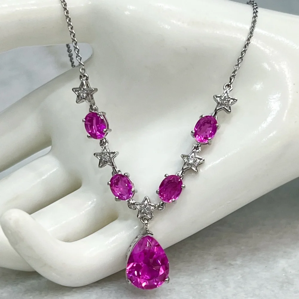 Radiant Orchid Quartz White Zircon Silver V Drop Necklace w/ Extender - Picture 6 of 15